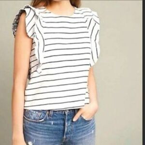 Anthropologie Postmark White Striped Nautical Ruffle Flutter Sleeve Top